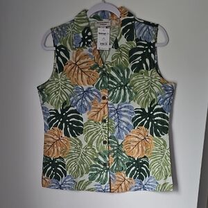 Tropical Leaf Print Sleeveless Top